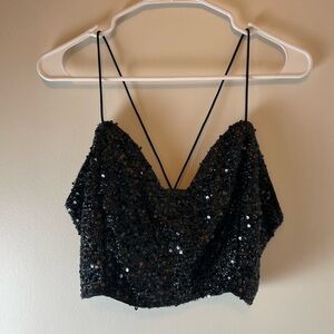 SHEIN X Priscilla Block Plus Crisscross Backless Sequins Cami Top, Black, 2XL